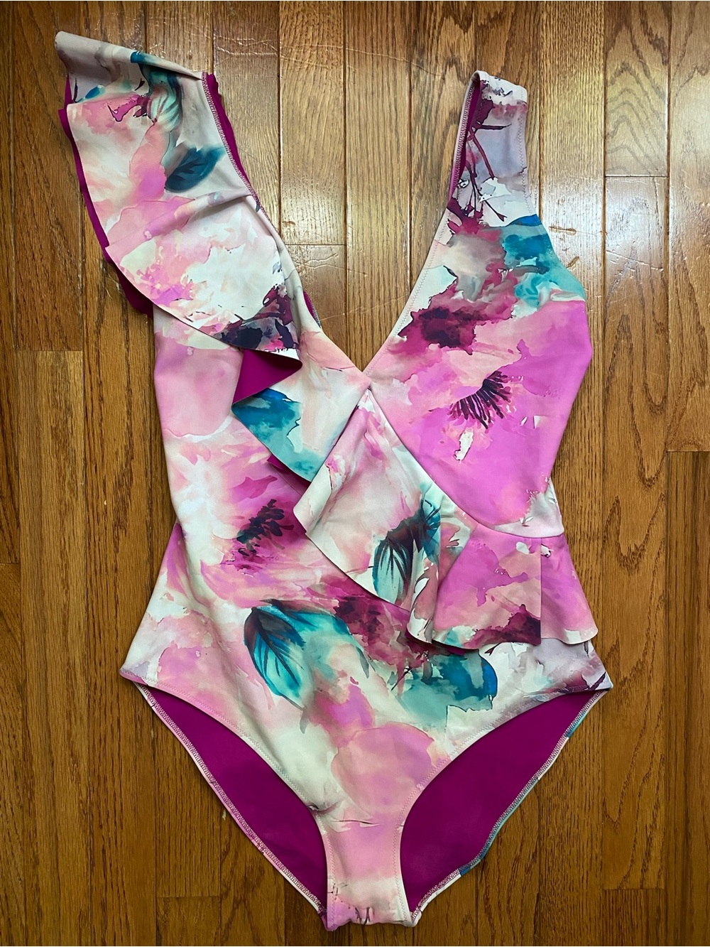 Chiara Boni $419 Verina Printed Ruffled One-Piece Swimsuit sz 44 US 8 EUC